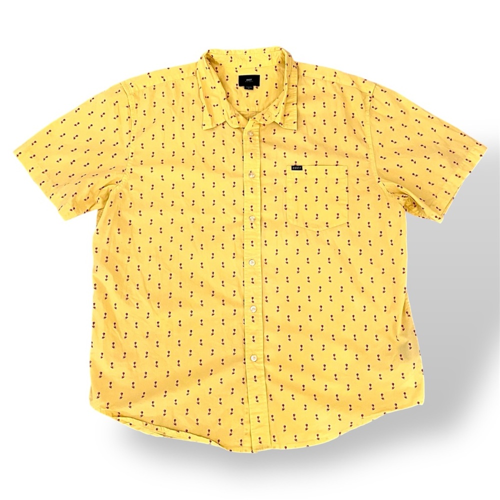 Obey Worldwide Button-Down Shirt Mens Size XL Short Sleeve Yellow Dark Red Palms